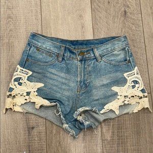 MYK Jean Shorts Blue High Waisted Cut Out High Rise White Lace Detail Small